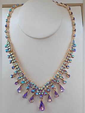 Gold-Tone Aurora Borealis Necklace with Purple Teardrop Stones